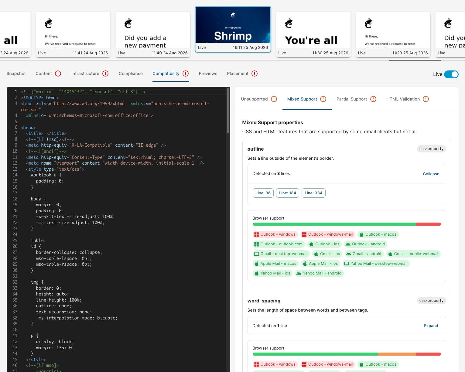 Email analysis Compatibility tab highlighting client support issues